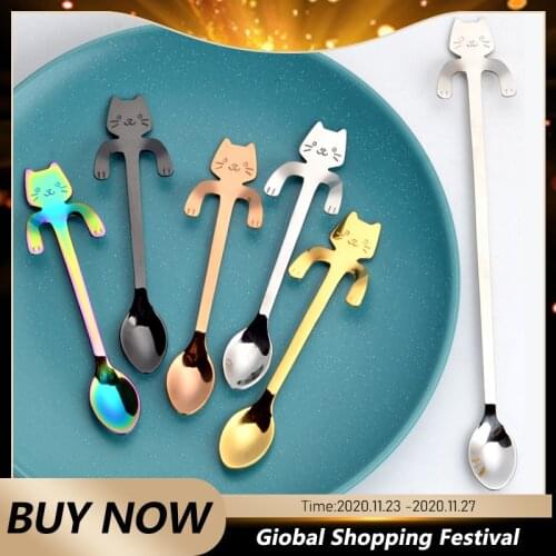 Cat Cup Spoon 304 Stainless Steel Cartoon Cat Hanging Cup Coffee Spoon Mug Tea Spoon Coffee Spoon Cartoon Dinnerware Sets
