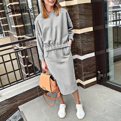 Simplee Three-piece womens sports suit Light grey hoodie sweatshirt sets High street elegant female casual tracksuit 2020