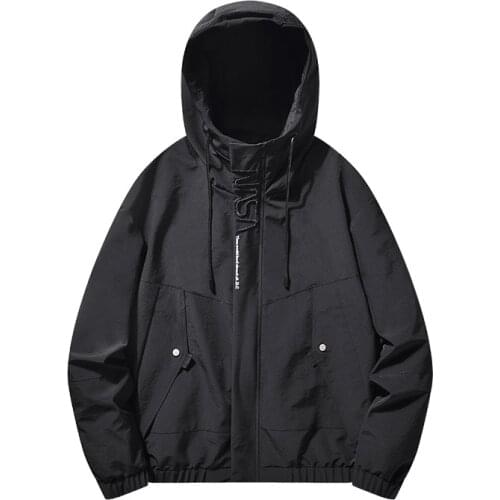 Men Jackets Black Multi-pocket Hip Hop Cargo Jackets Coats Streetwear Zipper Casual Hooded Outerwear