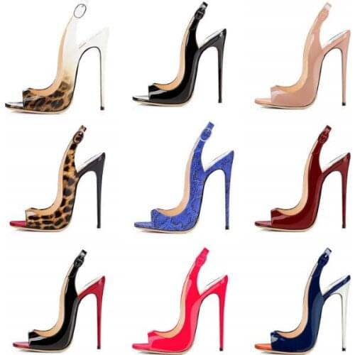 Linamong Woman Fashion 12 cm Peep Toe Buckle Strap Sandals Patent Leather Sexy Party Stiletto Heels Office Simple Dress Shoes