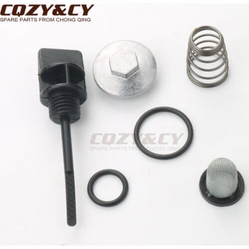 Scooter moped atv oil dipstick with o-ring & oil cover & spring & oil filter for Peugeot V-Clic 50cc Django 50 4-stroke