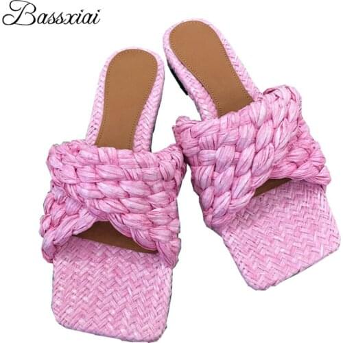 Straw Weave Knitted Lazyman Mules Lady Flat Heel Square Toe Outwear Shoes Sexy Open Toe Summer Slippers Women