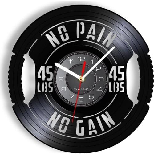No Pain No Gain 45 LBS Wall Clock Gym Bodybuilding Vinyl Record Sport Watch Weight Lifting Decor For Fitness Club Strongman Gift