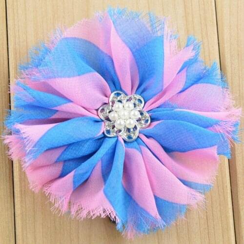 New Style 3.15" Chiffon Shabby Frayed Chevron Print Flowers with Pearl Rhinestone Buttons Center 20pcs/lot Free shipping FH36