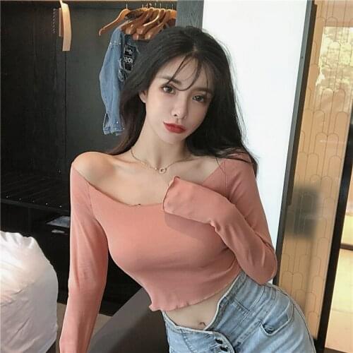 Autumn Thin New Women Slash neck summer Fashion Sexy Bottom Long Sleeve Solid Color Casual T-Shirt G852