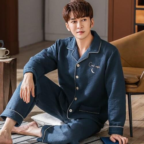 Winter Warm Thick Men Pajama Casual Pajama Sets Breathable Air Cotton Interlayer Pijama Embroidery Elastic Waist Male Pajamas