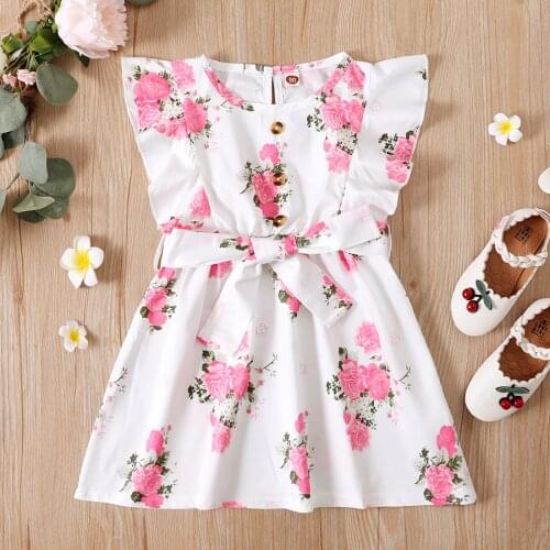 Toddler Baby Girl’s Clothes Sweet Fly Sleeve Dress Fashion Flower Button Round Neck Bandage A-line Princess Dress