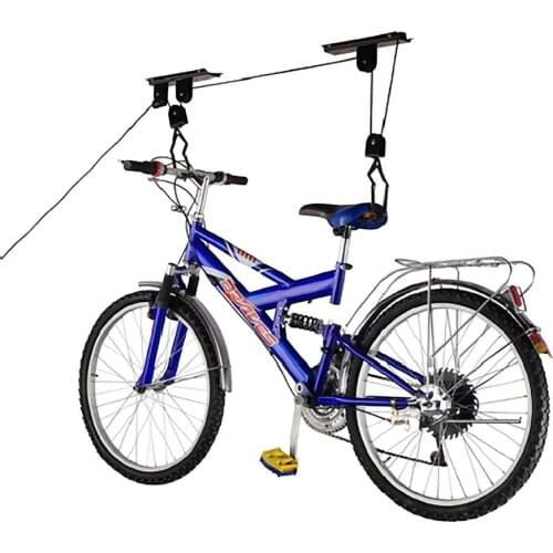 PrimeMatik-roof bike hanging bracket using pulleys and ropes
