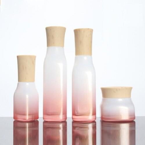 Empty 40/100/120ML Mist Spray Lotion Pump Bottle Gradient Pink 50g Glass Cream Jar Cosmetic Plug Bottle with Wooden Pattern Lid