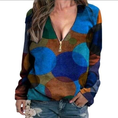 Contrast Color Zipper V Neck Long Sleeve T-shirt Women Casual Loose Vintage Print Plus Size Streetwear Ladies Tee Shirt Femme