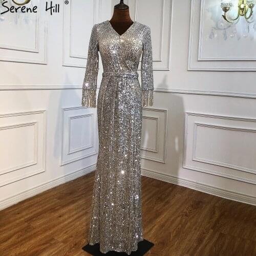 Serene Hill Muslim Silver Long Sleeves Evening Dress 2020 Elegant Mermaid Sparkle Luxury Women Formal Party Wear Gown CLA70784