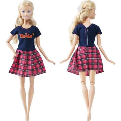 BJDBUS Lovely Student College Outfit Classic Plaid Skirt Daily Casual Mini Dress Outfit Accessories Clothes for Barbie Doll