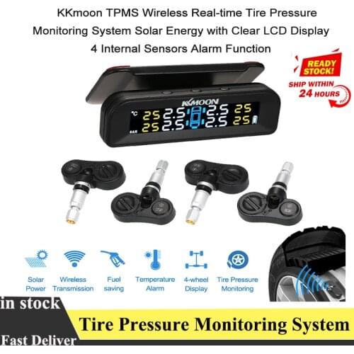 KKmoon Real Time Tire Pressure Monitoring System Solar Energy Powered TPMS Wireless Clear LCD Display with 4 Sensors