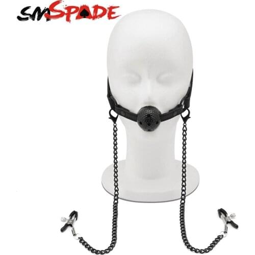 SMSPADE Open Breathable Leather Play Mouth Ball Metal Clamps Chain for Men Woman Flirting Sex Games Adult Toys
