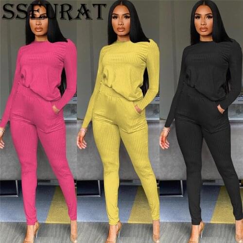 SSEURAT Women Two Piece Set Autumn Casual Knitted Long Sleeve Tops and Pants Suits Tracksuit