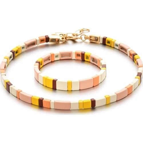 Bohemian Pink Enamel Necklace Bracelet Sets Bracelets Necklaces for Women Jewelry Sets Bijoux Collier Femme Party Wedding