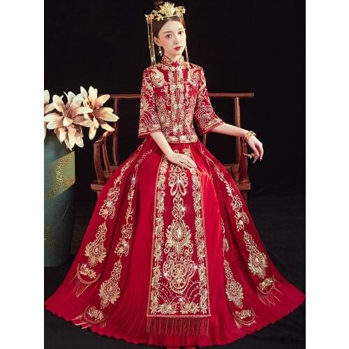 Vintage red Bridal Embroidery Cheongsam Oriental Dresses Wedding Gowns Robe orientale vestido chino