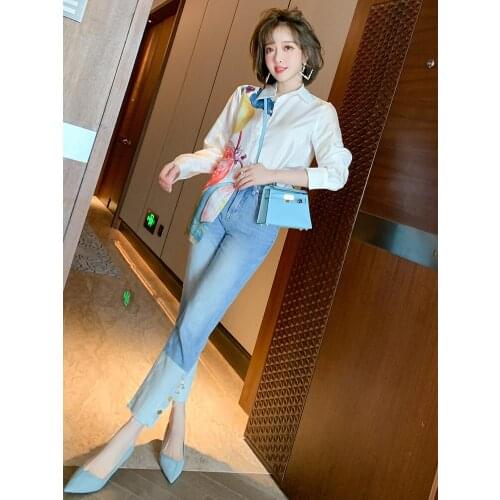 Top Quality High waisted fashionable stitching individual color contrast breasted straight jeans summer new