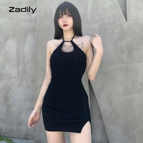 Zadily Y2K Gothic Sleeveless Halter Bodycon Mini Dress Women Sexy Backless Solid Black Dress 2021 Summer Club Party Clothing
