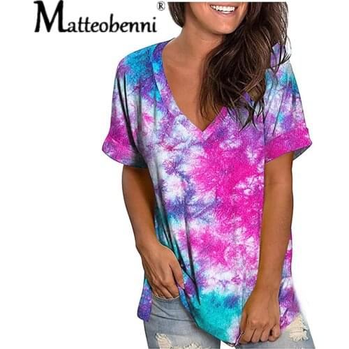 Summer Women Tie Dye Printed Short Sleeve T-shirt Tops Women 2021 Streetwear Hip Hop Style V-Neck Shirts Ladies Casual Loose Tee