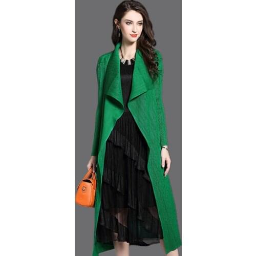 Womens Fashion Pleated Long Windbreaker Turn Down Collar Open Cardigan Black Green gray red Khaki Women Clothing Coat shawl