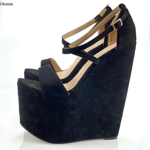 Olomm Handmade Women Summer Sandals Super High Wedges Heel Open Toe Black Beige Orange Party Shoes US Size 5-13