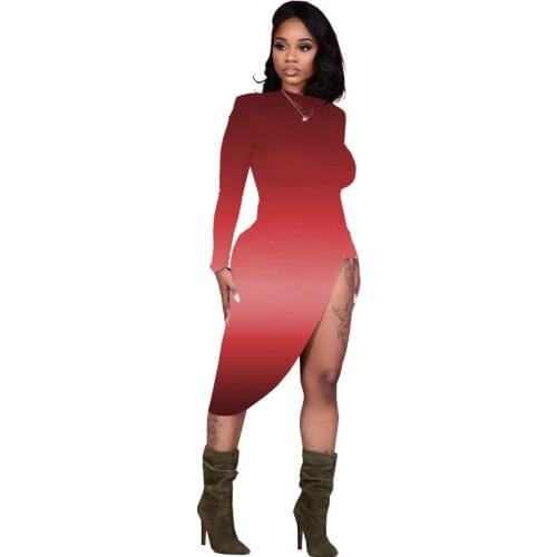 S-XXL Womens Maxi Dresses Gradient Sexy High Split Dresses Party Club Night Long Sleeve Bodycon Cocktail Dress