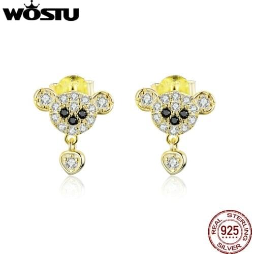WOSTU New Design 100% 925 Sterling Silver Earrings For Women Black Eyes And Big Eear Cute Bear Earrings Fashion Jewelry BKE788