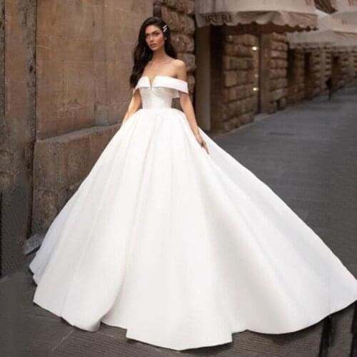 Simple Boho Wedding Dress 2021 Women White Satin Princess Bride Gowns Off The Shoulder Wedding Gowns Vestido De Novia