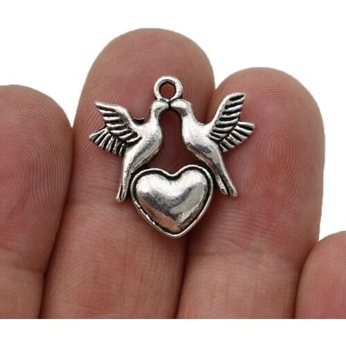 25PCS Antique Silver Plated Birds Heart Charms Pendants for DIY Jewelry Making Necklace Accessories 22x21mm