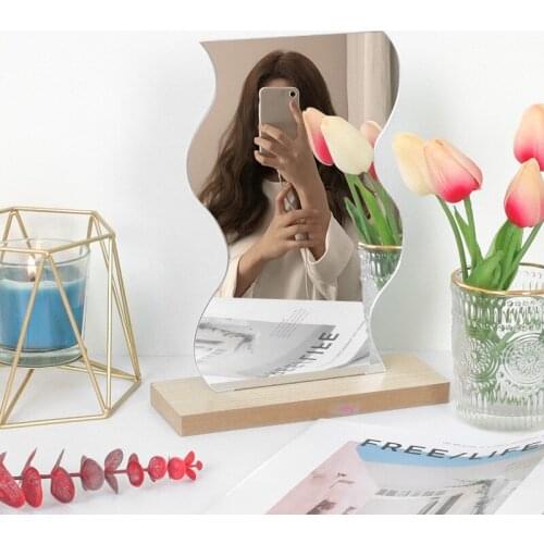 Ins Acrylic Irregular Makeup Mirror with Base Desktop Table Mirror Wooden Base For Desk Bedroom Room Decor