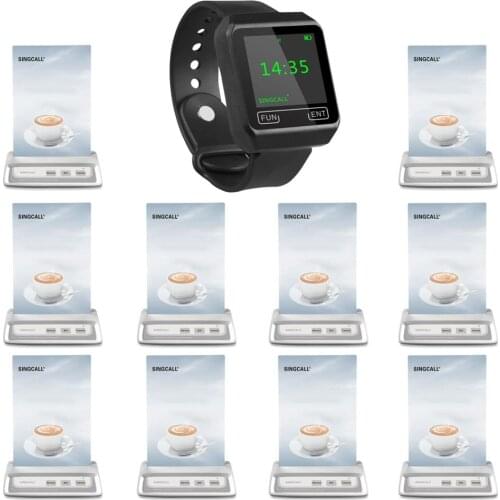 SINGCALL Wireless Calling System, Restaurant Call Button, 1 APE6800 Mobile Watch Receiver, 10 APE130 Bells for Cafe Waiters