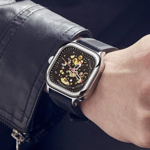 SWISH DEISGN Square Mechanical Watches for Men 2021 Fashion Waterproof Silicone Sports Watch Automatic Skeleton Wrist Watch AAA