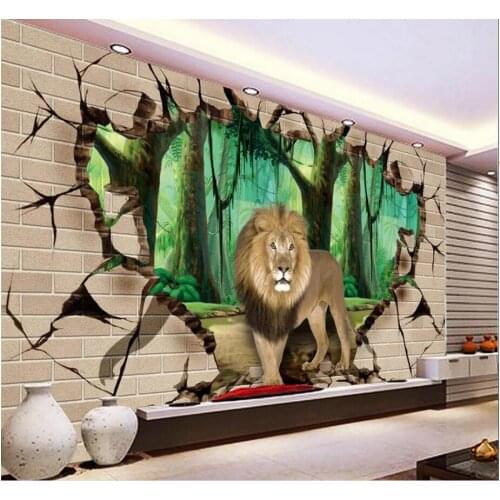 Custom photo mural 3d room wall paper Forest lion brick wall TV background Home decor 3d wall murals wallpaper for wall 3 d