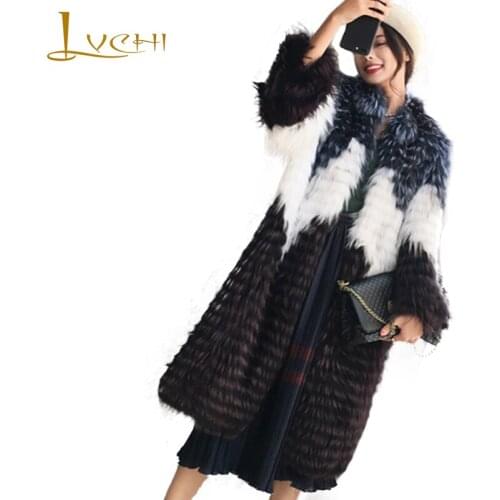 LVCHI 2019 Spring Imported Marble Fox Fur Coats Slim Mandarin Colla Fur Coat Womens Striped X-Long Contrast Color Fox Fur Coats