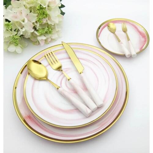 Ceramic Plate Knife Fork Spoon Dinnerware Full Set Golden Edge Marbling Flat Dishes With Gold Tableware Nordic Food Tray Set