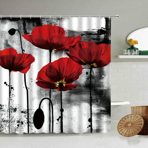 Red Flower Poppy Shower Curtain Colorful Oil Painting Art European Style Home Bathroom Wall Decor With Hook Waterproof Screen