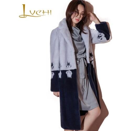 LVCHI 2019 Winter Swan Velvet Mink Fur Coat Full Sleeve Real Fur Coats Mandarin Collar Women Thicken Print Medium Mink Fur Coats