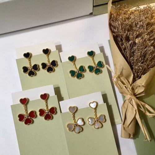 Hot Brand Fashion Party For Women Gold Color Red Rings Earrings 4 Leaf Heart Flower Jewelry Set