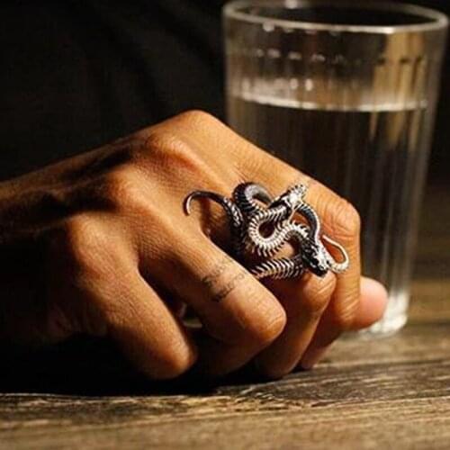 Punk Vintage Men Women Snake Ring Silver Color Cobra Shaped Retro Exaggerated Charms Opening Ring Party Gift