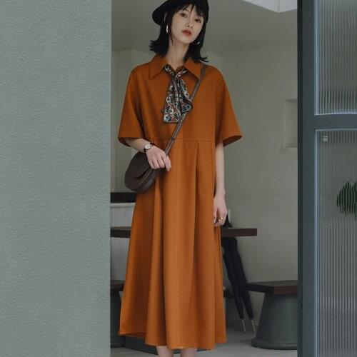 Dress Women Solid Retro Short Sleeve Pleated Casual Maxi Harajuku Cute Loose Girls High Waist Female Casual Summer Dresses Chic