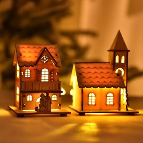Christmas Decorations 2021 New Year Bright Light Wooden Small House Pendant Drop Ornaments Tree Topper Xmas Gift for Children