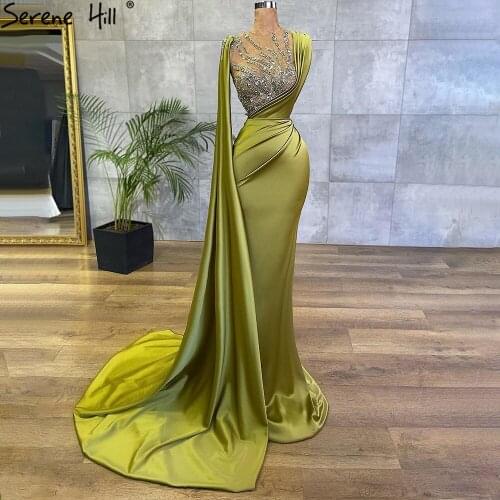 Serene Hill Olive Green Luxury Beaded Satin Mermaid Evening Dress 2021 Sexy Cape Sleeves For Women Formal Party Gown CLA71283