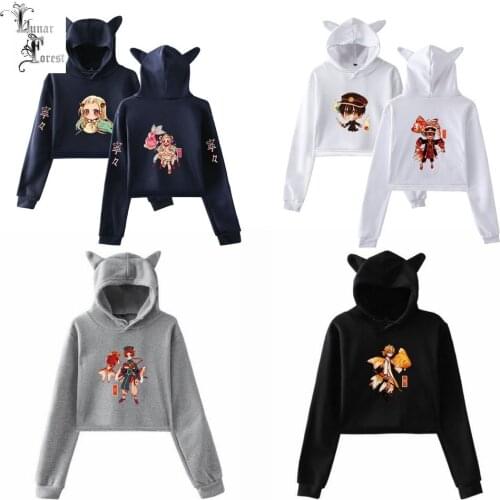 Kawaii Cute Toilet-Bound Hanako-kun Long Sleeve Cropped Hoodies Sweatshirt Women Cat Ear Anime Hoodied Pullover Crop Tops Hoodie