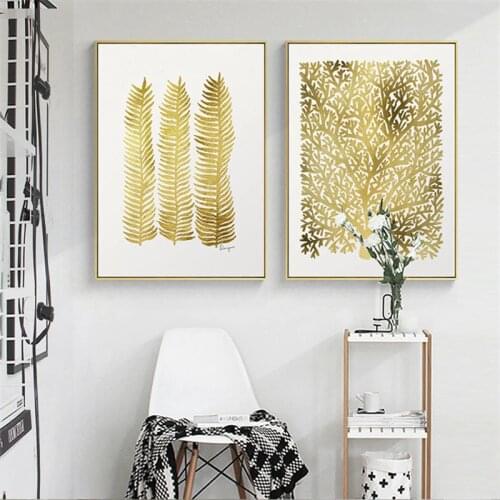 Nordic Modern Style Lucky Gold Leaves And Tree Posters Home Decor Minimalism Canvas Painting Wall Picture for Living Room