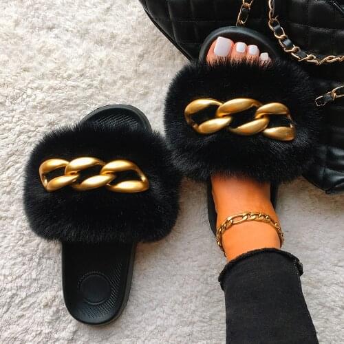 Furry Slides New Fashion Matte Gold Chain Faux Fox Fur Slippers Flat Casual Shoes Woman Flip Flops Beach Summer Slippers Sandals