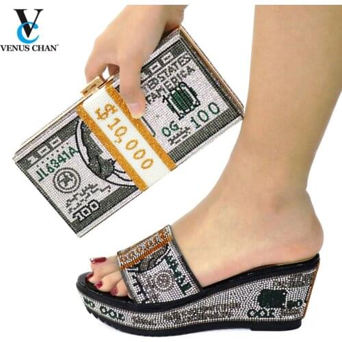 Rhinestone Italian Design Black Color Style Elegant Nigerian Women Shoes and Bag for Party