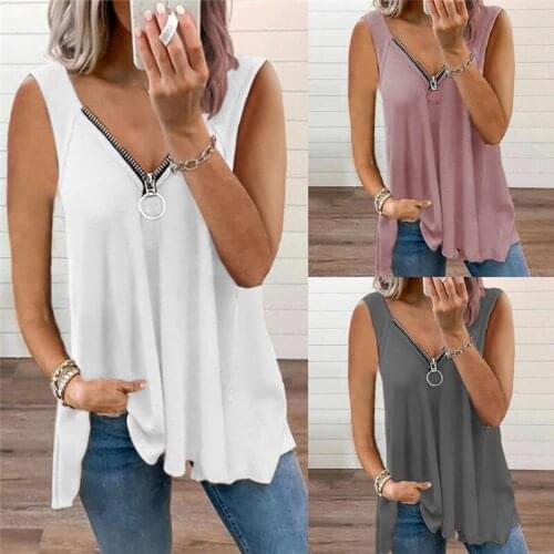 Summer Womens Top Solid Color Zipper Tanks T- Shirts Female Patchwork V-Neck Sleeve Casual Loose Ropa Mujer Kawaii Tops Femme