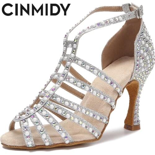 CINMIDY Rhinestone Pearls Dance Shoes Tango Latin Salsa Rumba Samba Soft Sole Women Sandals Ladies Sexy Wedding High Heels