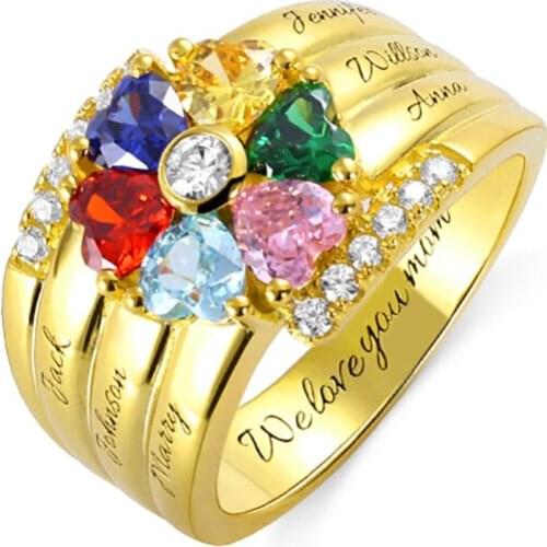 Uonney Dropshipping Personalized Engraved 6 Heart-Shaped Birthstones Ring Valentines Gift for Her Silver Gold Rose Gold